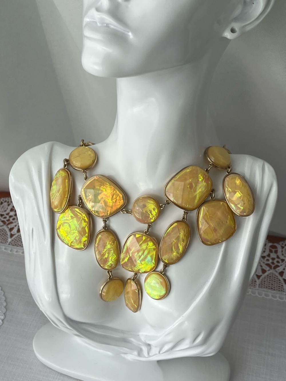 Vintage Yellow Iridescent "Bubble" Bib Statement Necklace - Gold Tone